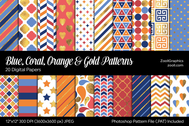 blue-coral-orange-and-gold-digital-papers