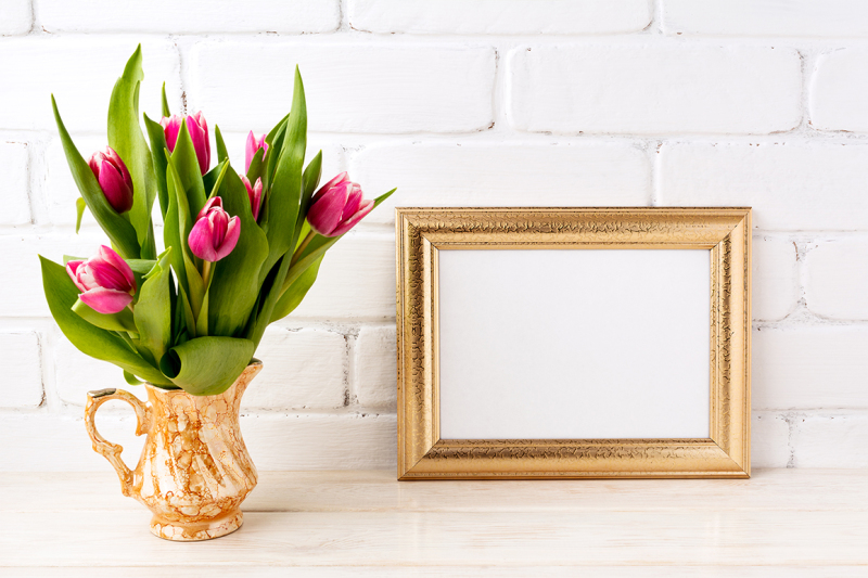 Download Golden landscape frame mockup with bright pink tulips ...