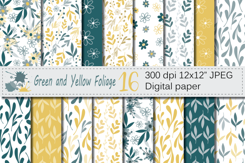 seamless-green-and-yellow-hand-drawn-flowers-and-leaves-digital-paper