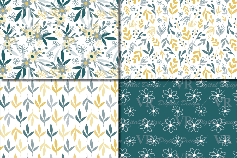 seamless-green-and-yellow-hand-drawn-flowers-and-leaves-digital-paper