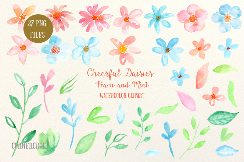 watercolor-clipart-cheerful-daisies-peach-and-mint