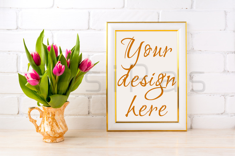 gold-decorated-frame-mockup-with-bright-pink-tulips-bouquet