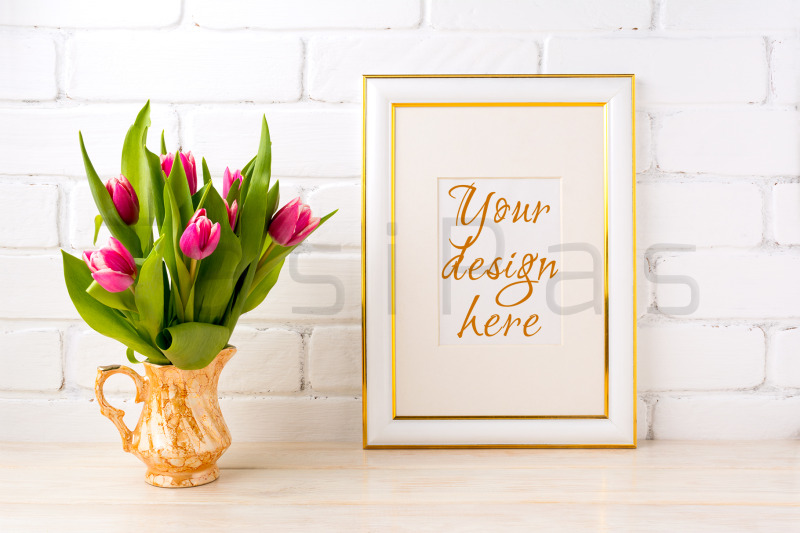 gold-decorated-frame-mockup-with-bright-pink-tulips-bouquet