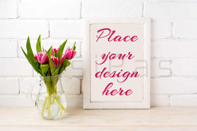 white-frame-mockup-with-magenta-pink-tulips-bouquet