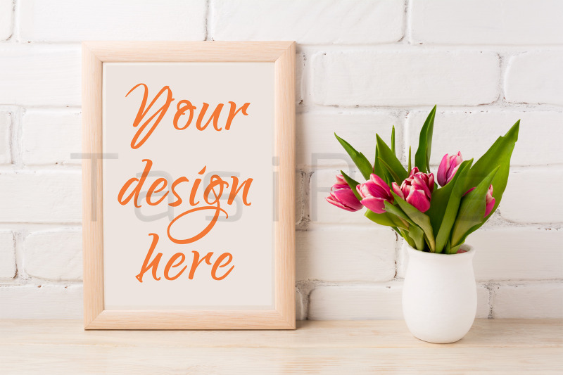 wooden-frame-mockup-with-magenta-pink-tulips-bouquet