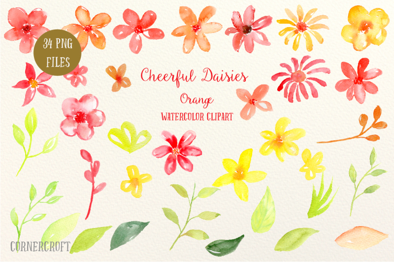 watercolor-clipart-cheerful-daisies-orange