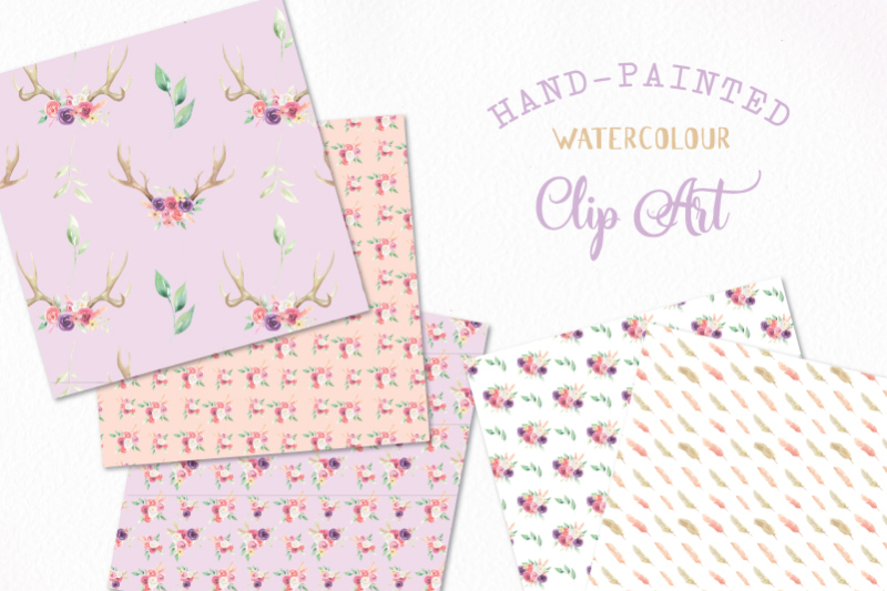 watercolor-antler-peach-pastel-patterns-seamless-digital-papers-floral