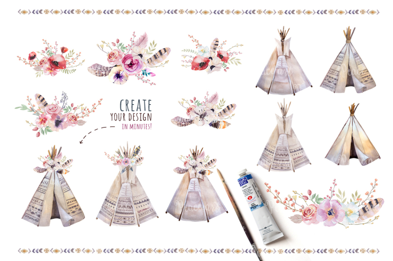 watercolor-boho-teepee-and-bouquets