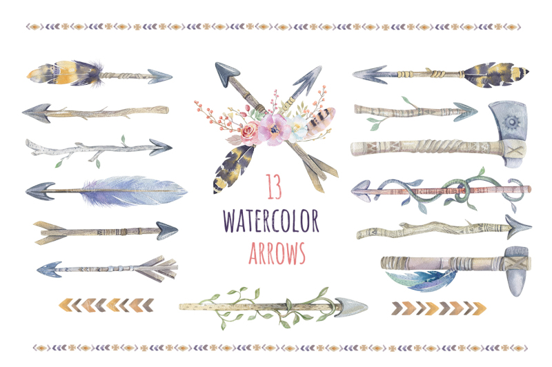 watercolor-boho-arrows-and-bouquets-wedding-clip-art-collection-individual-png-files-hand-painted-rustic-diy