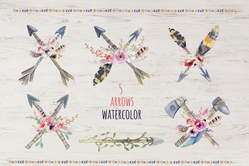 watercolor-boho-arrows-and-bouquets-wedding-clip-art-collection-individual-png-files-hand-painted-rustic-diy