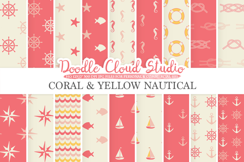 coral-and-yellow-nautical-digital-paper-pink-seal-patterns