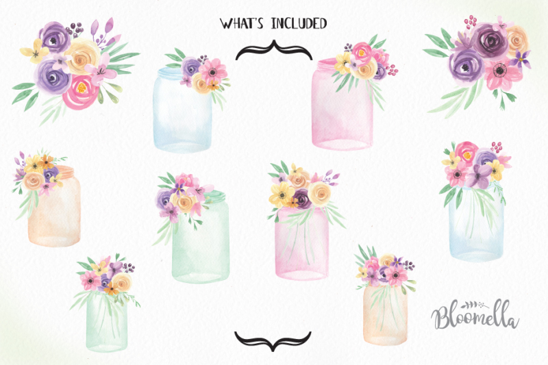 watercolor-flowers-and-jars-floral-glass-wedding-bouquet-mason-painted