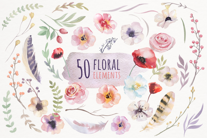 watercolor-boho-flowers-and-feathers-wedding-digital-clip-art-collection-individual-png-files-hand-painted-rustic-diy