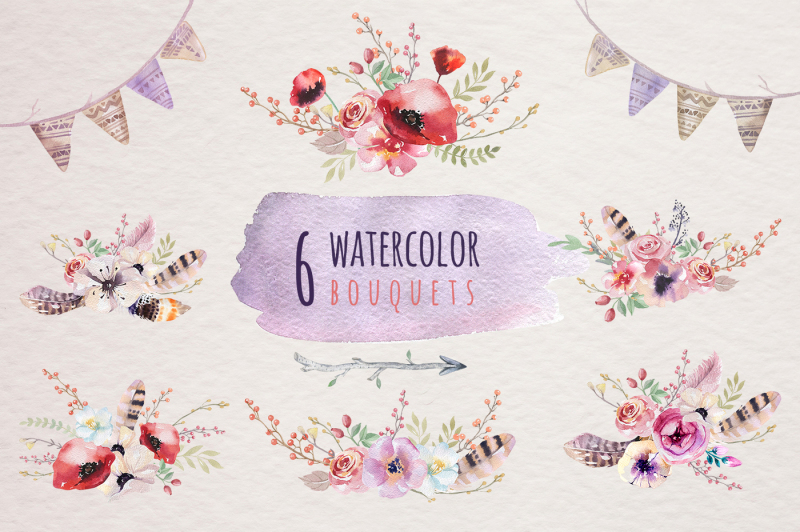 watercolor-boho-flowers-and-feathers-wedding-digital-clip-art-collection-individual-png-files-hand-painted-rustic-diy