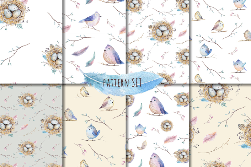 watercolor-birds-feathers-nests-floral-elements-and-patterns