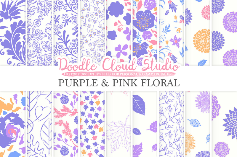 purple-and-pink-floral-digital-paper-orange-floral-patterns