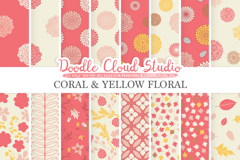 coral-and-yellow-floral-digital-paper-pink-floral-patterns