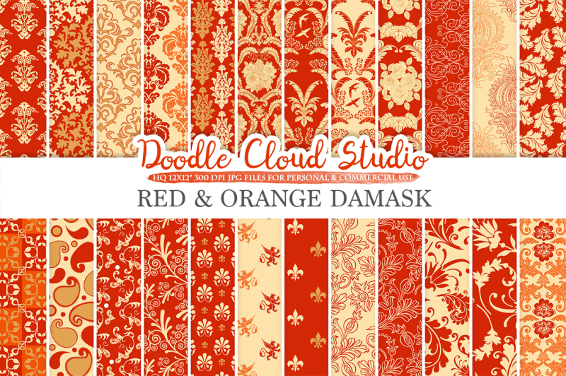 red-and-orange-damask-digital-paper-swirls-patterns