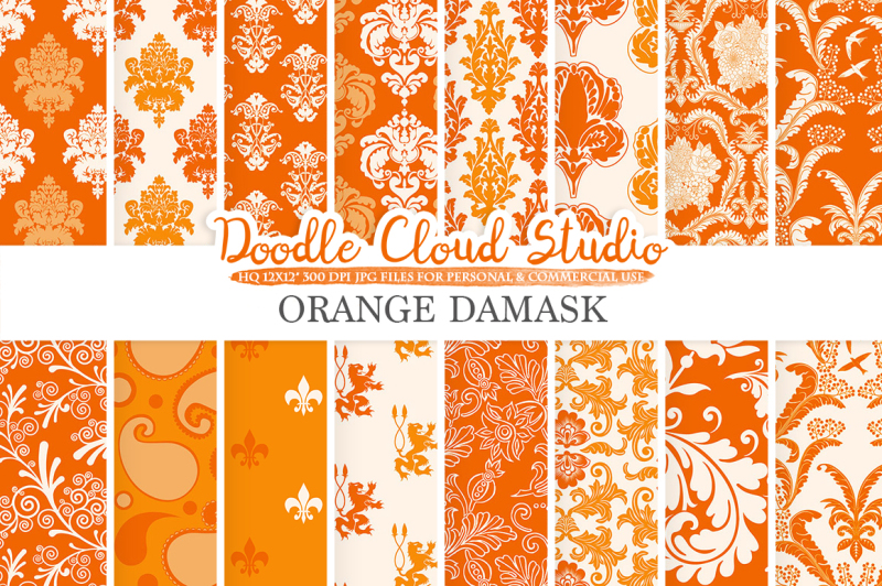 orange-damask-digital-paper-swirls-patterns