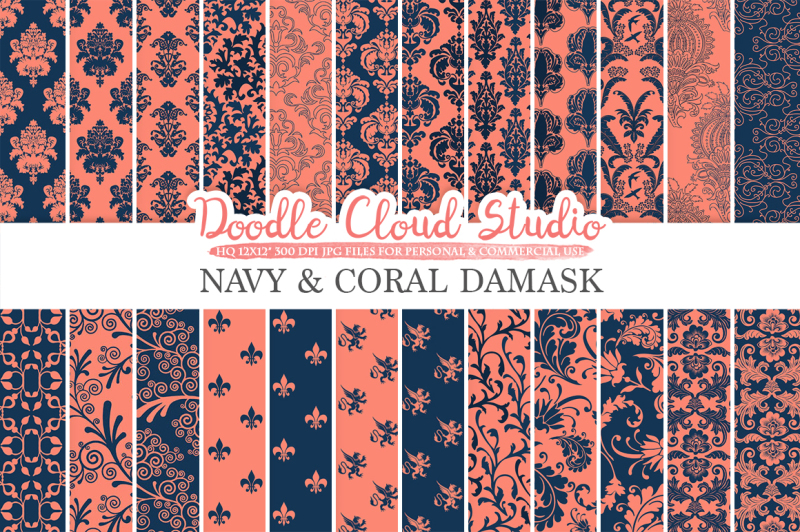 navy-and-coral-damask-digital-paper-swirls-patterns
