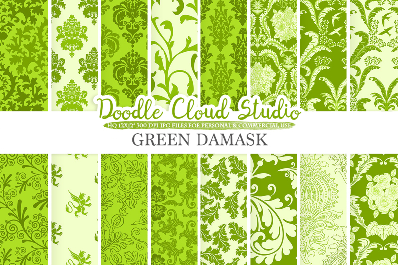 green-damask-digital-paper-swirls-patterns
