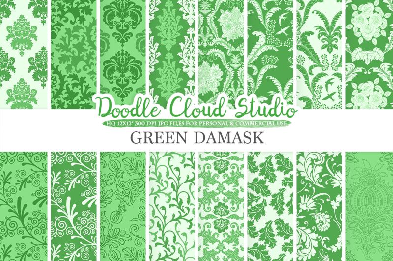 dark-green-damask-digital-paper-floral-damask-patterns