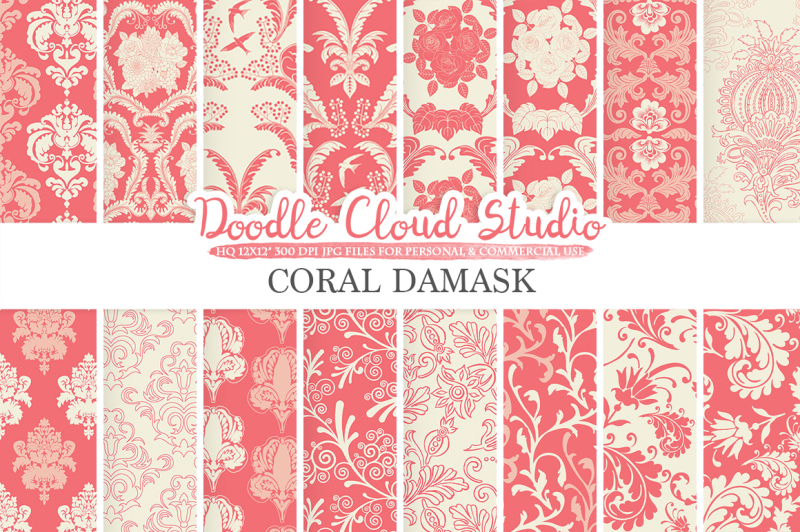 coral-and-yellow-damask-digital-paper-pink-coral-yellow-patterns