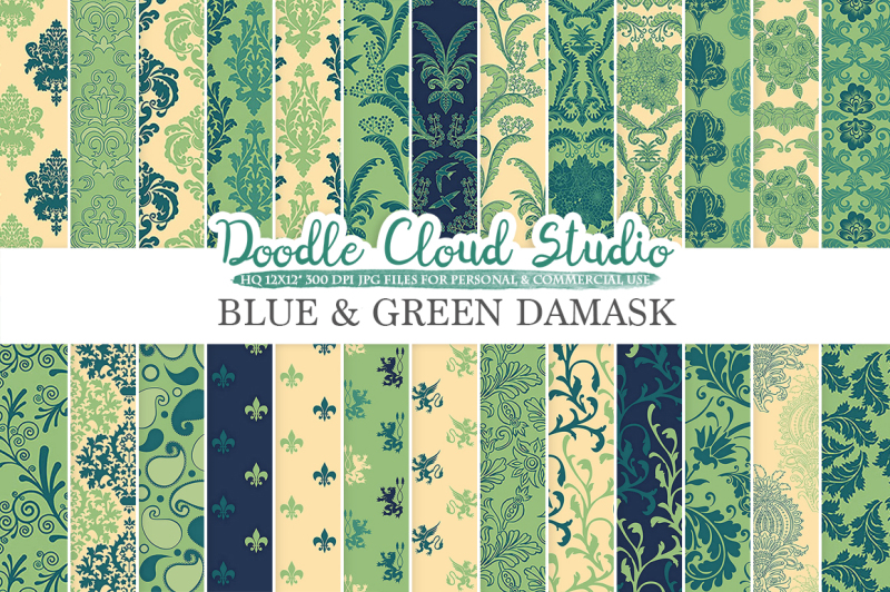 blue-and-green-damask-digital-paper-swirls-floreal-damask-patterns
