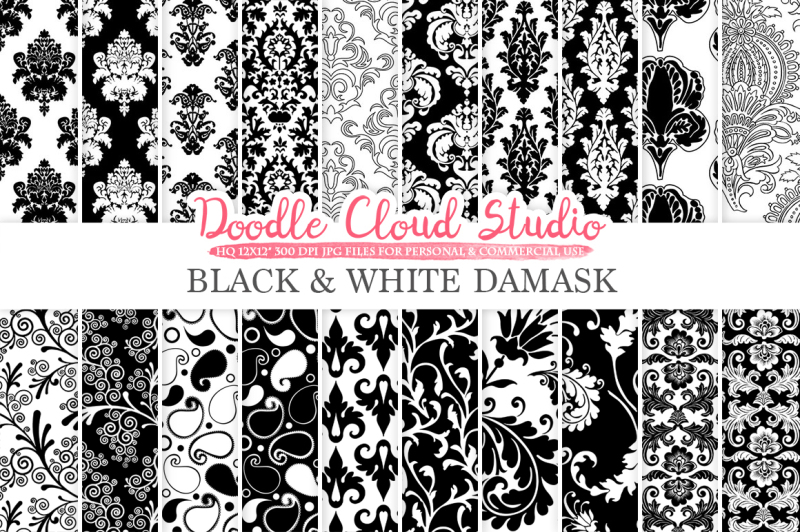 black-and-white-damask-digital-paper-floral-damask-swirls-patterns
