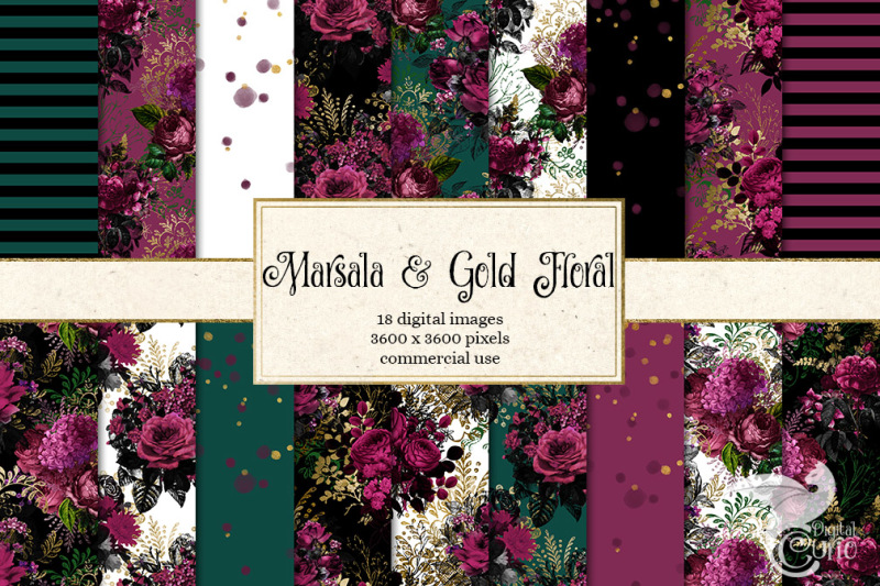 marsala-and-gold-floral-digital-paper