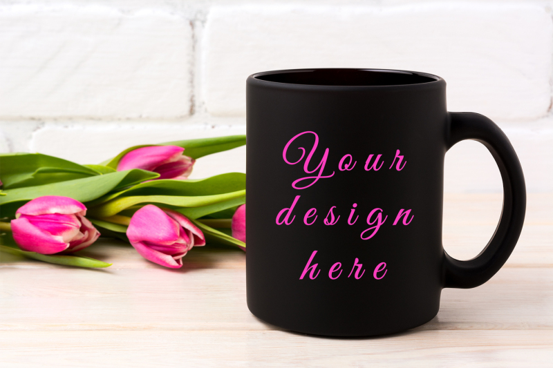Download Download Black Coffee Mug Mockup With Rich Magenta Pink Tulips Bouquet Psd Mockup Background Black And Red Free Mockups Download PSD Mockup Templates