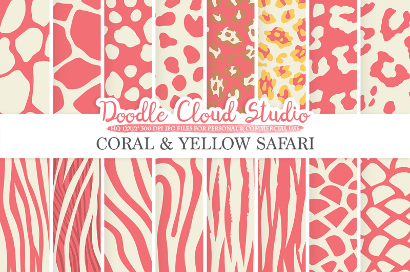 coral-and-yellow-animal-safari-digital-paper-peach-pink-fur-patterns