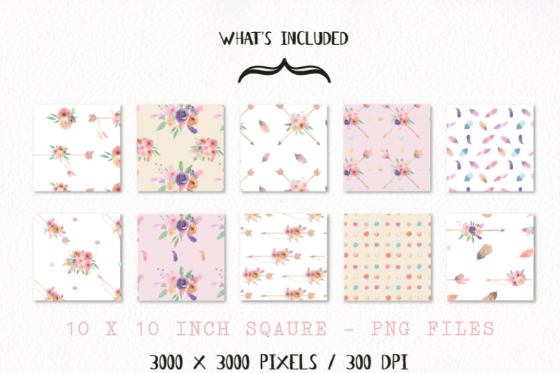 floral-arrow-boho-patterns-seamless-digital-papers-watercolor-flowers