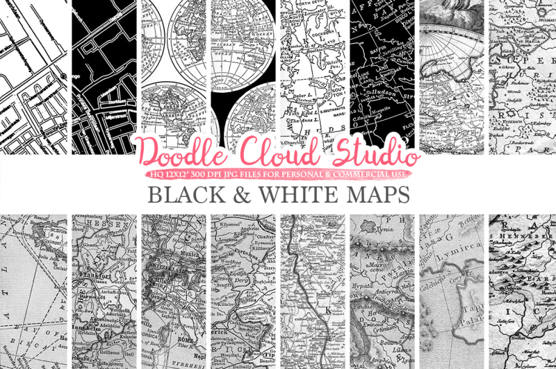 black-and-white-maps-digital-paper-monocrome-vintage-map-textures