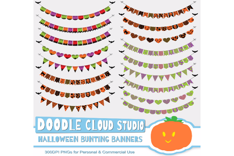 Halloween Colorful Bunting Banners Cliparts Pack Patterned Flags By Doodle Cloud Studio Thehungryjpeg Com