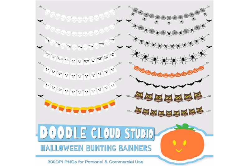 Halloween Bunting Banners Cliparts Pack Owls Ghosts Bats Pumpkins By Doodle Cloud Studio Thehungryjpeg Com