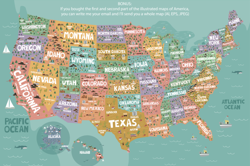 20 States of America illustrated map By Mio Buono | TheHungryJPEG.com