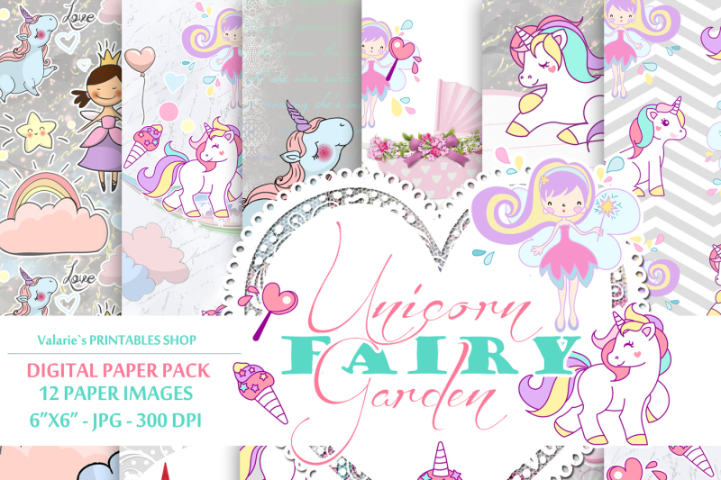 unicorn-rainbow-fairy-digital-paper-baby-girl-pink-blue-grey-princess