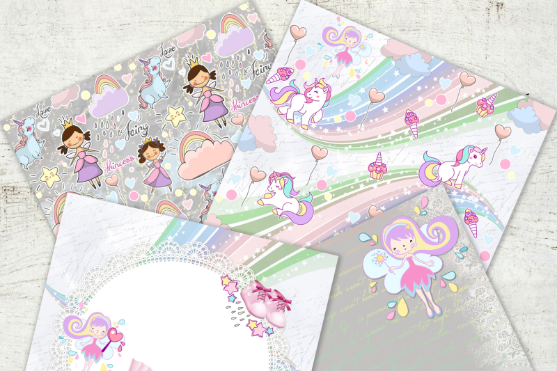 unicorn-rainbow-fairy-digital-paper-baby-girl-pink-blue-grey-princess