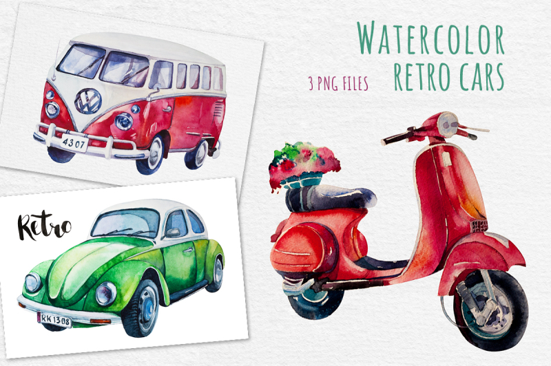 watercolor-set-of-retro-cars