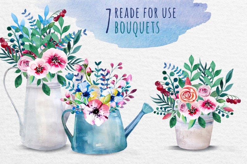 watercolor-bouquets-in-the-watering-can-and-pots