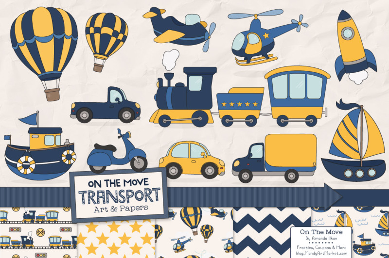 transportation-clipart-and-digital-papers-in-navy-and-lemon