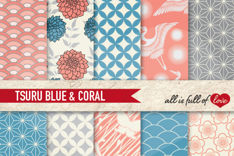 japan-digital-paper-coral-blue-background-patterns-tsuru