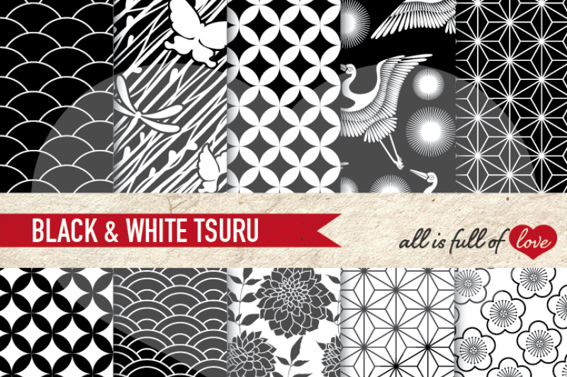 japan-digital-paper-black-white-background-patterns-tsuru