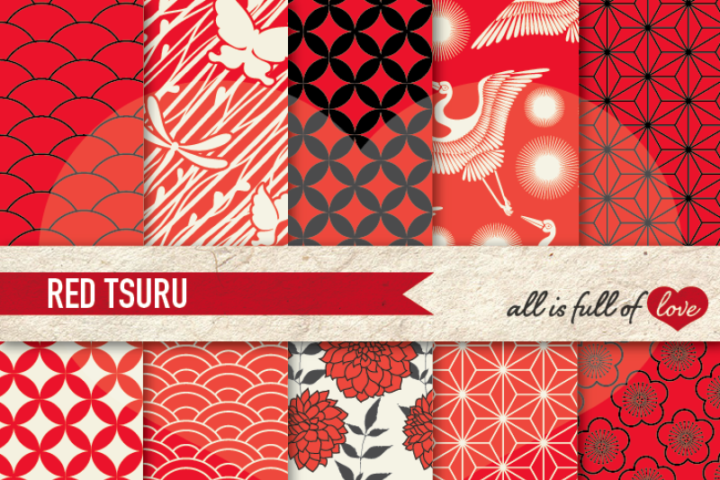 japan-digital-paper-red-black-background-patterns-tsuru