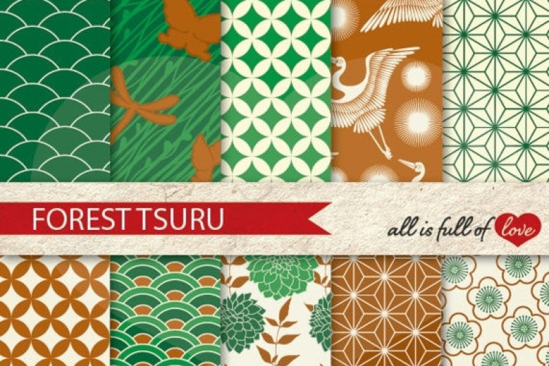 japan-digital-paper-forest-green-brown-background-patterns-tsuru