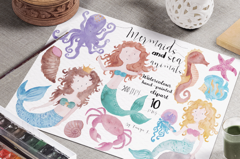 mermaids-and-sea-animals-watercolor-set