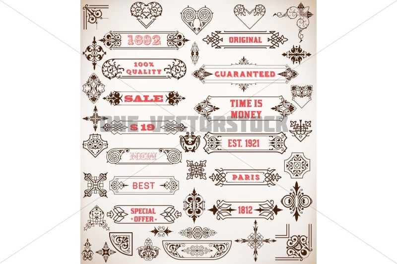 set-of-calligraphic-design-elements-labels-banners-baroque-frames-and-floral-ornaments-collection