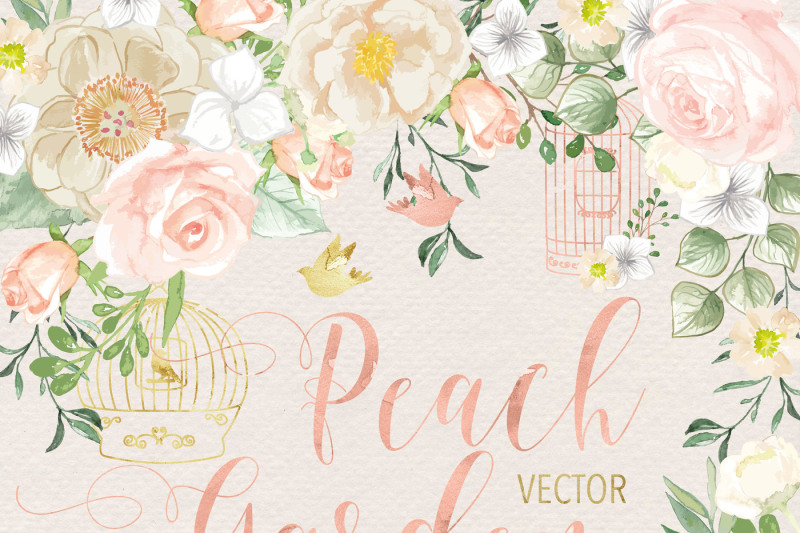 vector-watercolor-rose-peach-garden-clipart-watercolor-flower-pinkpeach-floral-clipart-leaf-clipart-wedding-clip-art-wedding-invitation
