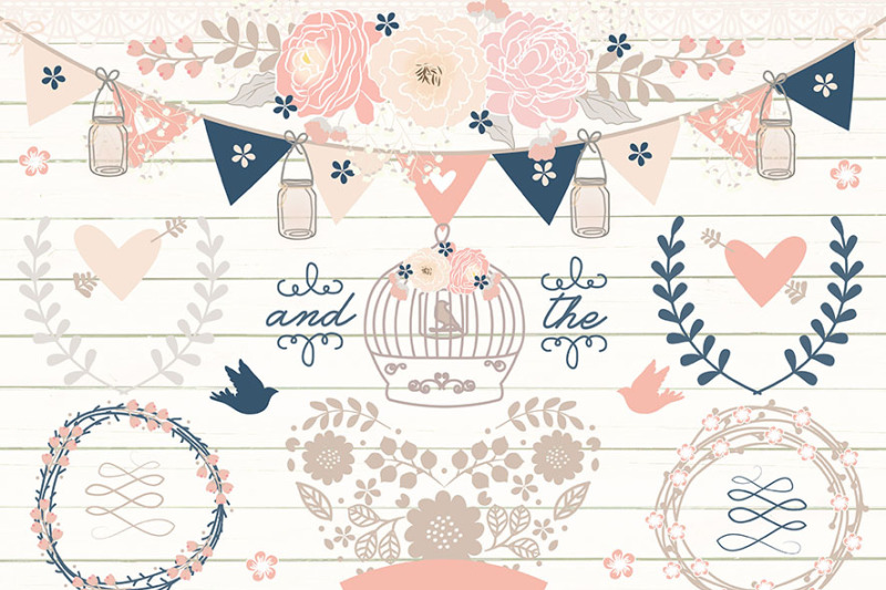 navy-blue-and-rose-blush-wedding-wreath-banner-wreath-flower-clipart-wood-digital-rustic-clipart-arrows-mason-jar